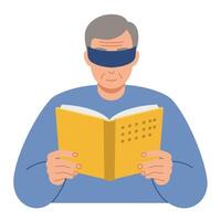Elderly man reading a book with assistive device in flat art vector