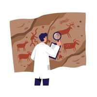 Scientist examining ancient cave paintings in flat art style for historical exploration illustration vector