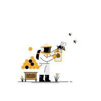 Beekeeper tending to bees with honeycomb in flat illustration vector