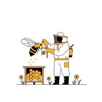 Beekeeper collecting honey from hive in flat illustration style vector