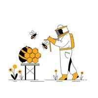 Beekeeper inspecting hive with bees in a flat and minimal illustration vector