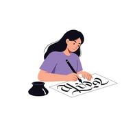 Artist creating beautiful calligraphy with ink in minimal flat illustration vector