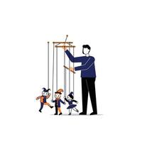 Puppet master controlling colorful puppets in flat design art vector
