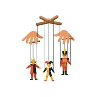 Hands controlling puppet characters in flat design art illustration vector