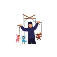 Puppet master controlling fairy tale characters in flat art vector