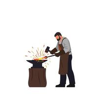 Blacksmith working at an anvil with sparks flying in flat art vector