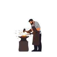Blacksmith forging metal in a workshop with sparks, flat art vector