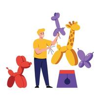 Balloon artist creating colorful animal shapes in flat illustration vector
