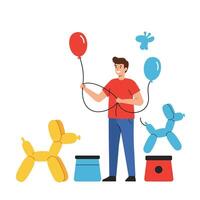 Balloon artist creating fun shapes with colorful balloons in flat art vector