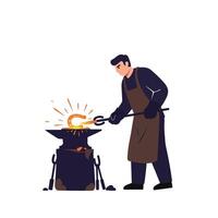 Blacksmith working at forge with glowing metal in detailed flat art vector