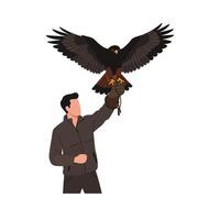 Falcon perched on a gloved hand with outstretched wings in flat art vector