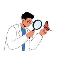 Scientist observing butterfly with magnifying glass in flat art style vector