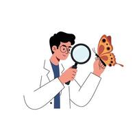 Scientist examining butterfly with magnifying glass in flat illustration vector