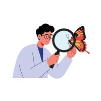 Scientist observing a butterfly through a magnifying glass in flat art vector