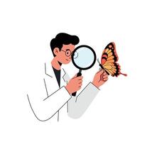 Scientist observing a butterfly with a magnifying glass in minimal art vector