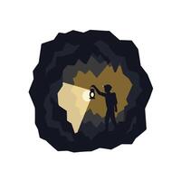 Adventurer holding lantern exploring dark cave in flat art vector