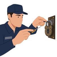 Locksmith using tools to open a vintage lock in flat illustration vector