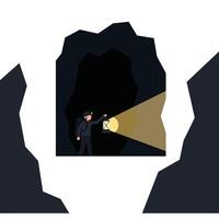 Miner exploring cave with flashlight in flat illustration design vector