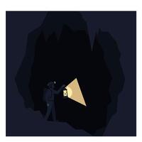 Adventurous miner exploring dark cave with lantern in flat art vector
