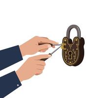 Hands using tools to pick a vintage padlock in minimal illustration vector