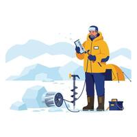 Ice fisherman in bright jacket using equipment in flat illustration vector
