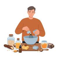 Man mixing ingredients in a bowl using a whisk in flat art vector