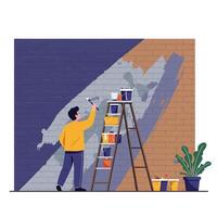 Man painting wall with ladder in flat style illustration vector