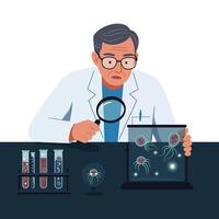 Scientist observing jellyfish through microscope and glass tank in flat art vector
