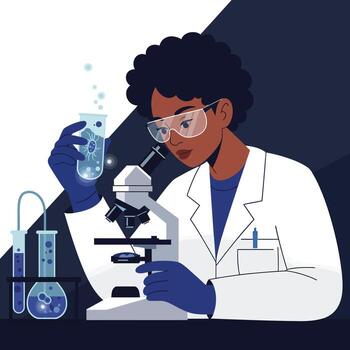 Scientist examining samples with microscope in flat illustration style vector