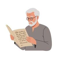 Elderly man reading a book with glasses in a flat illustration vector