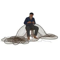 Fisherman crafting nets in flat and minimal style art vector