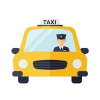 A yellow taxi cab with driver in flat design illustration vector