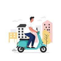 Man riding a scooter in a cityscape with flat design art vector