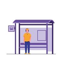 Man waiting at bus stop in flat design art vector