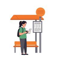 Young woman waiting at bus stop with smartphone in flat art vector