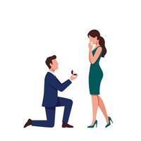 Proposal scene featuring a man kneeling with an engagement ring in flat art vector