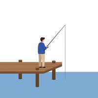 Man fishing on a wooden dock in minimal flat style art vector
