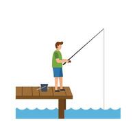 Fisherman casting line from dock in flat art style illustration vector