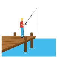 Fisherman on a Dock Casting a Line in Flat Art vector