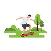 Skateboarder performing tricks in a park setting with flat design art vector