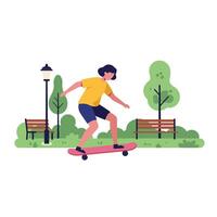 Skateboarder in motion on a pink board in a flat illustration vector