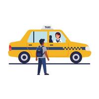 Yellow taxi cab illustration with driver and passenger in flat art vector