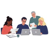 Group of diverse professionals collaborating over laptops and documents in flat art vector