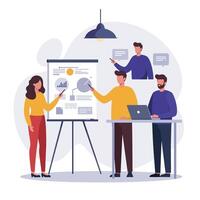 Team discussing strategy with charts in flat design art vector