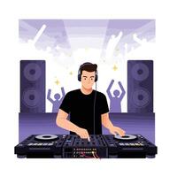 DJ performing at a lively event with flat design elements in art vector