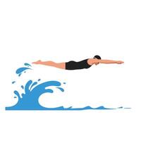 Swimmer diving into water creating splashes in flat art vector