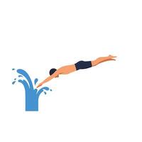 Diver performing a graceful leap into water in flat art vector