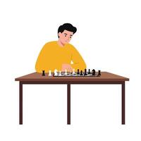 Young man concentrating on chess game with minimal flat design art vector