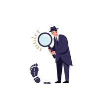 Detective examining clues with magnifying glass in flat art style illustration vector