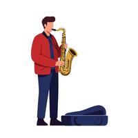 Musician playing saxophone in vibrant red jacket, minimal flat design art vector